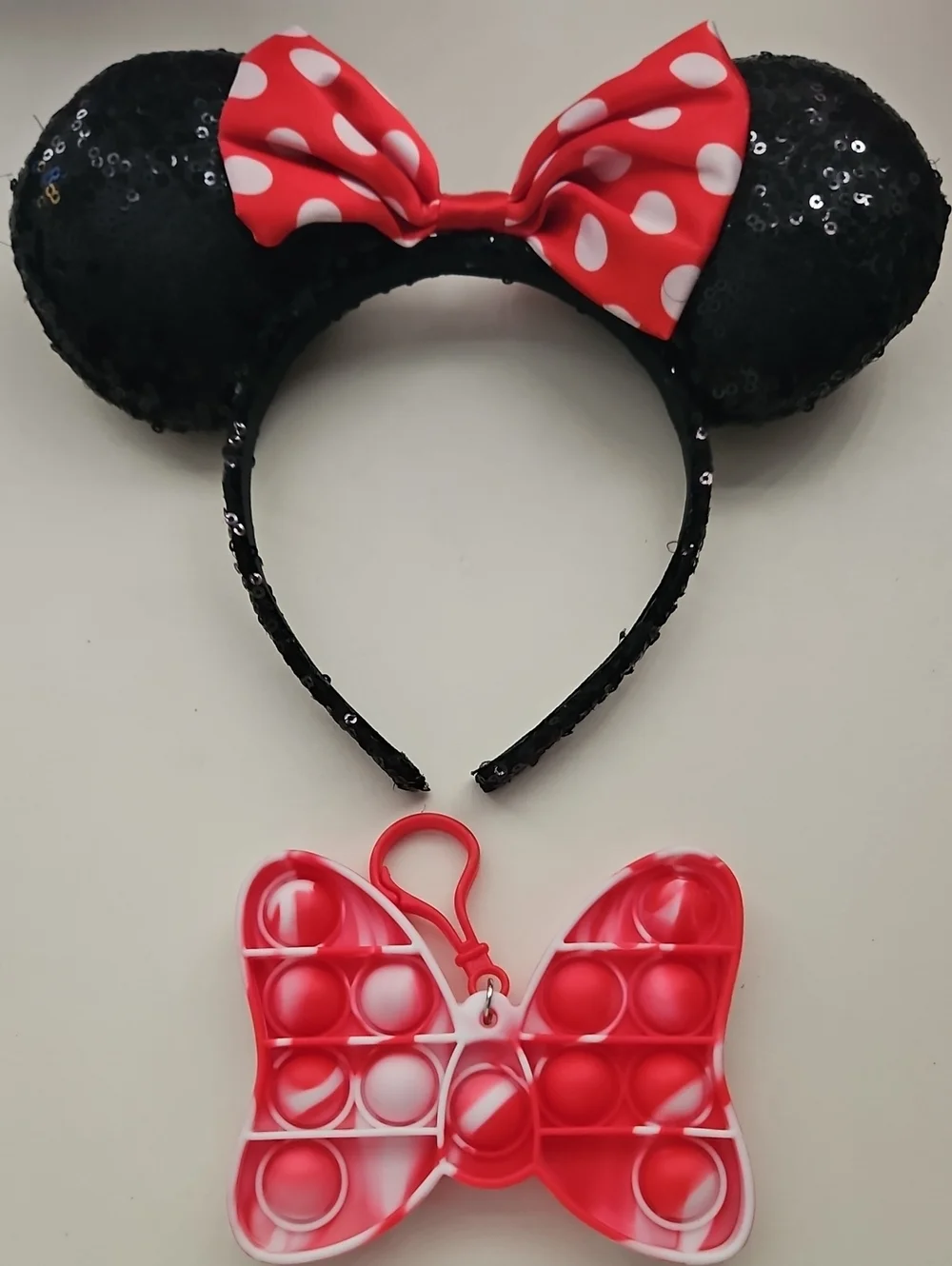 NWOT Black Sequin Minnie Headband with Red Polka Dot Bow And Popper Keychain